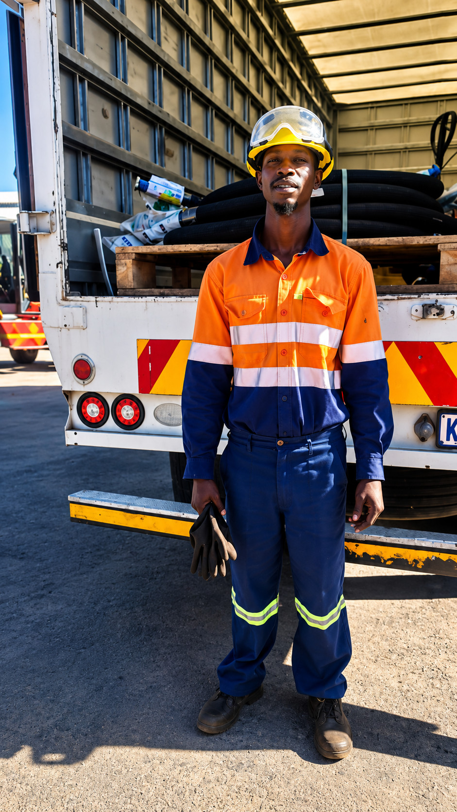 Mcutter logistics operator in PPE beside loaded truck